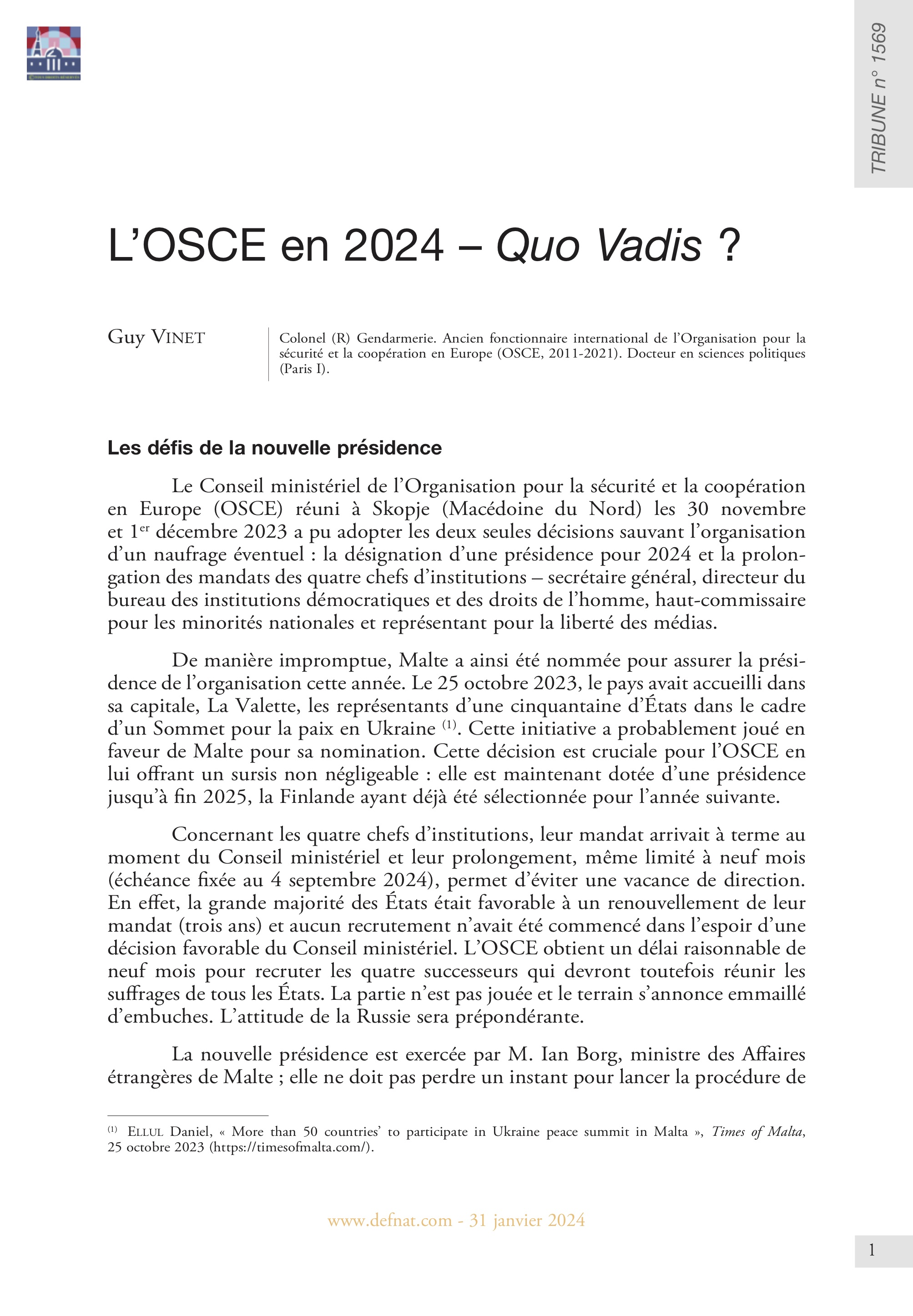 L’OSCE en 2024 – Quo Vadis ? (T 1569)
